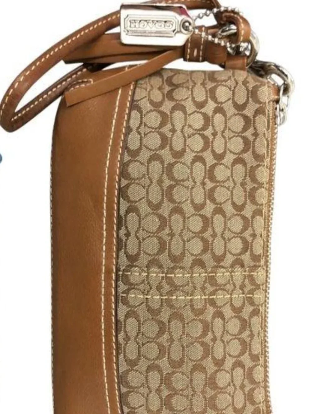 Coach Tan Brown/Khaki Signature C Jacquard Canvas Smooth Leather Wristlet Pouch